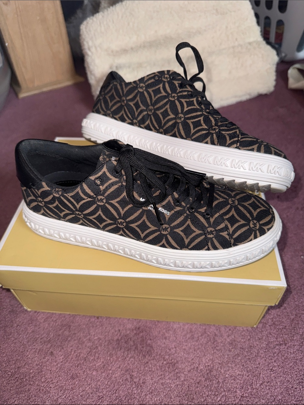 Michael Kors Black and Brown Logo-Pattern Lace-Up Sneakers